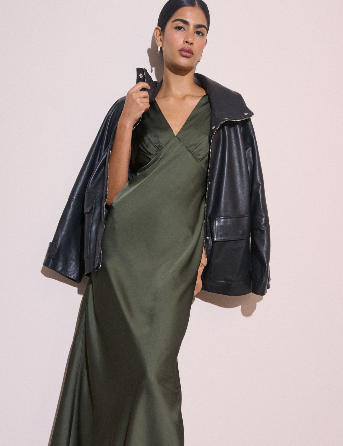 Olive Green V-Neck Satin Joey Midi Dress