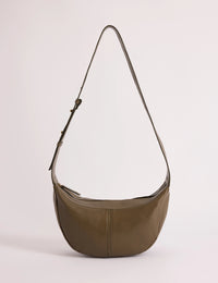 Khaki Leather Crescent Crossbody Bag