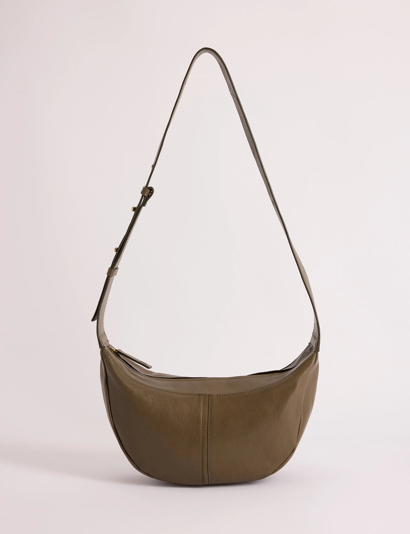 Khaki Leather Crescent Crossbody Bag