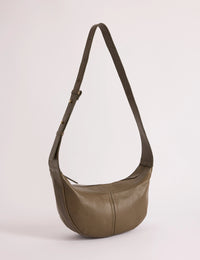 Khaki Leather Crescent Crossbody Bag