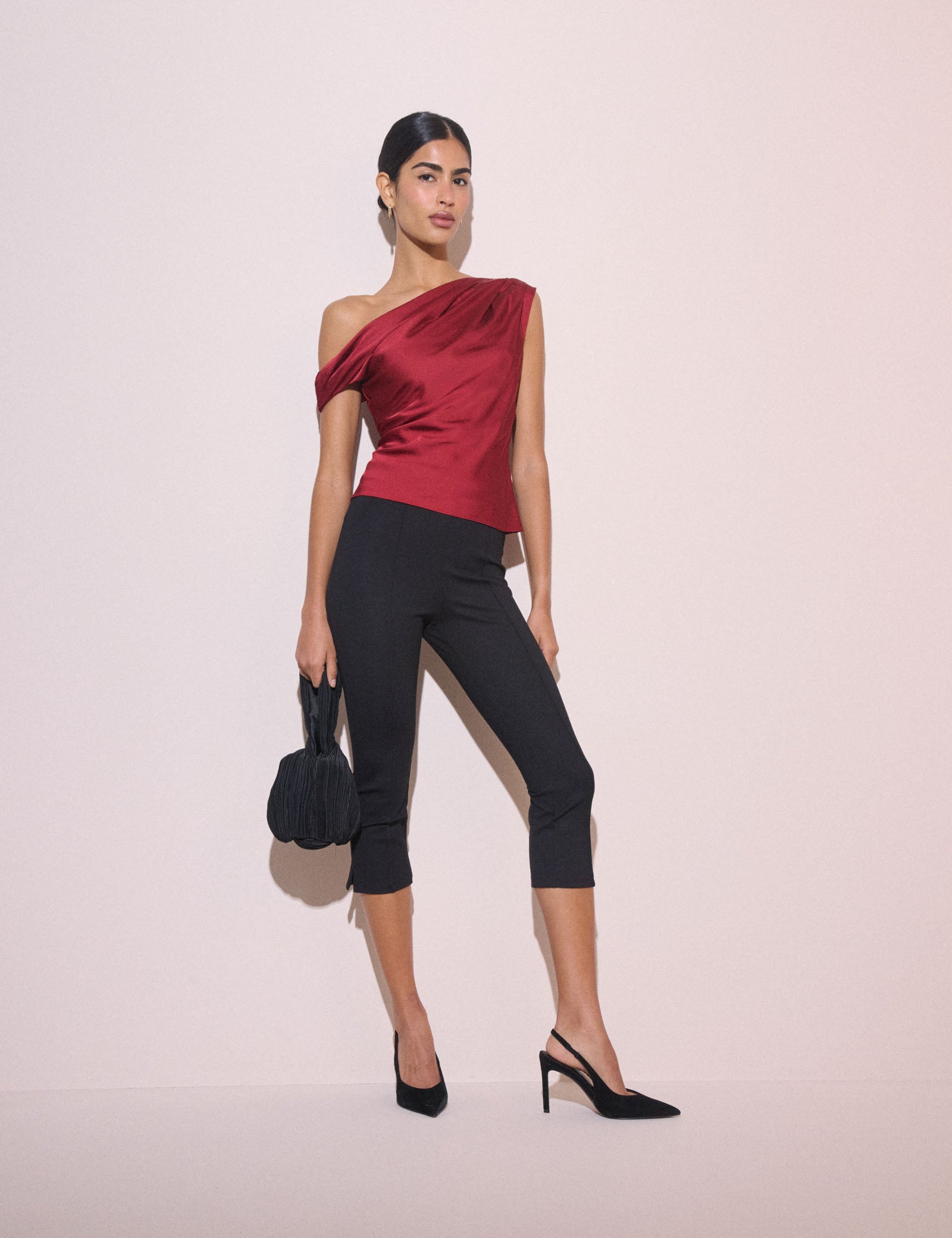 Crimson Red Asymmetric Pleated Satin Top