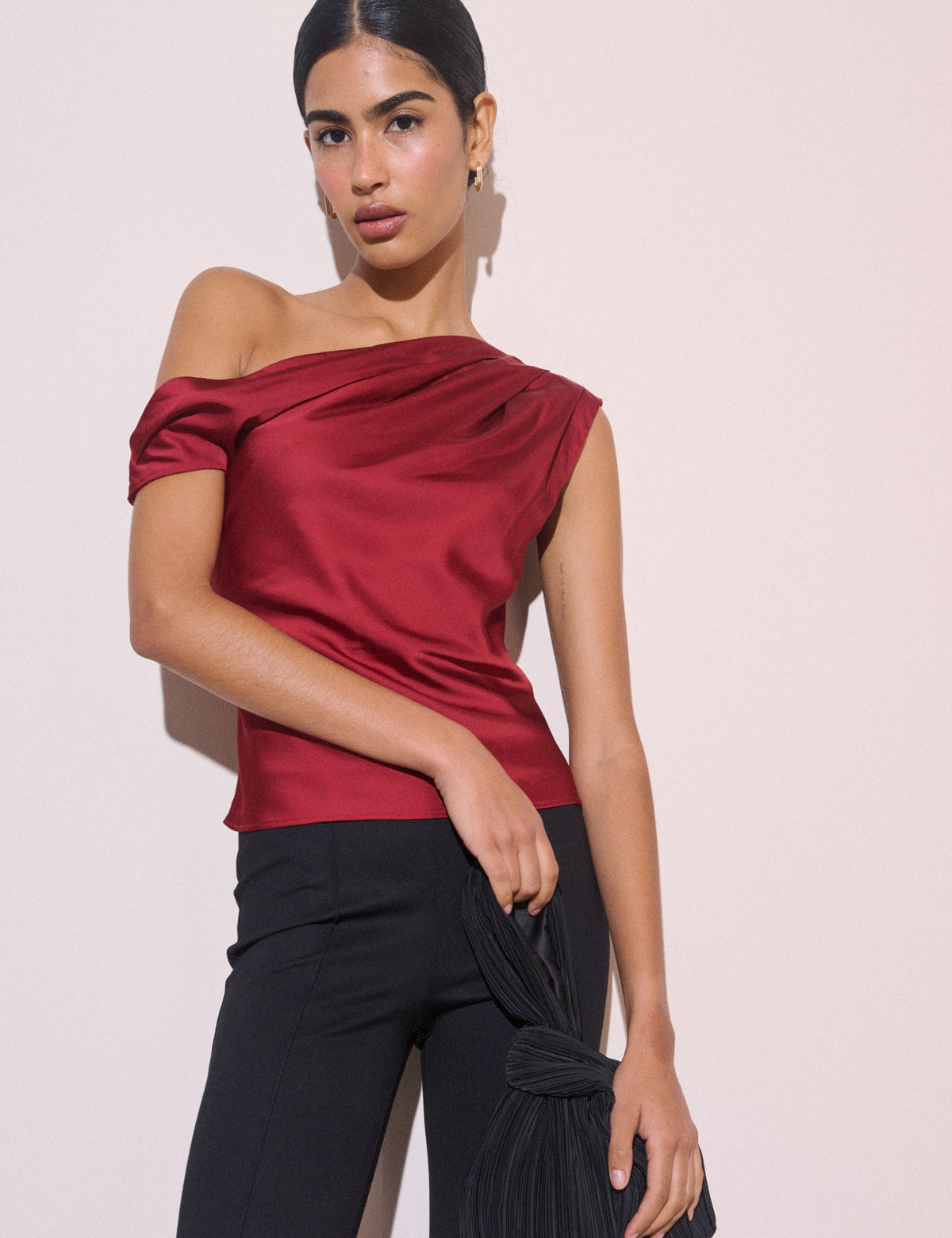 Crimson Red Asymmetric Pleated Satin Top