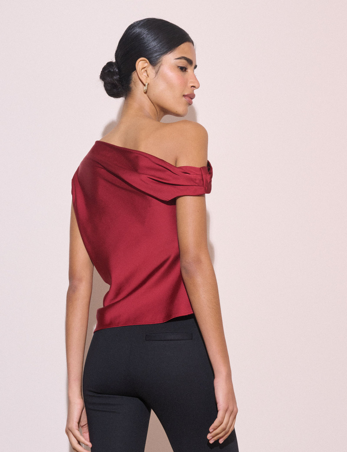 Crimson Red Asymmetric Pleated Satin Top