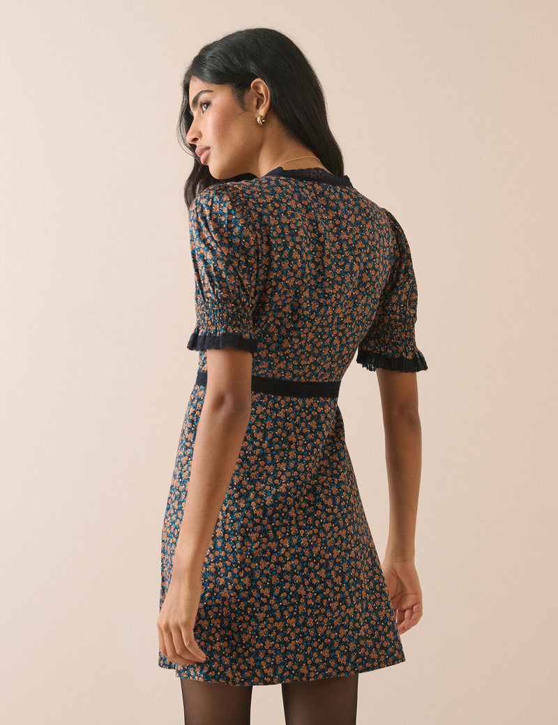 Black and Orange Ditsy Floral Sophia Mini Dress