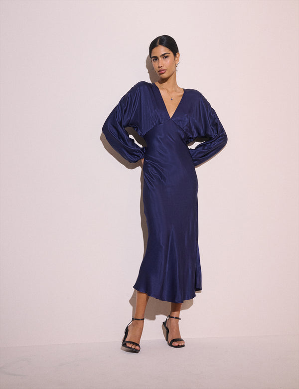 Navy Long Sleeve Satin Allura Midi Dress