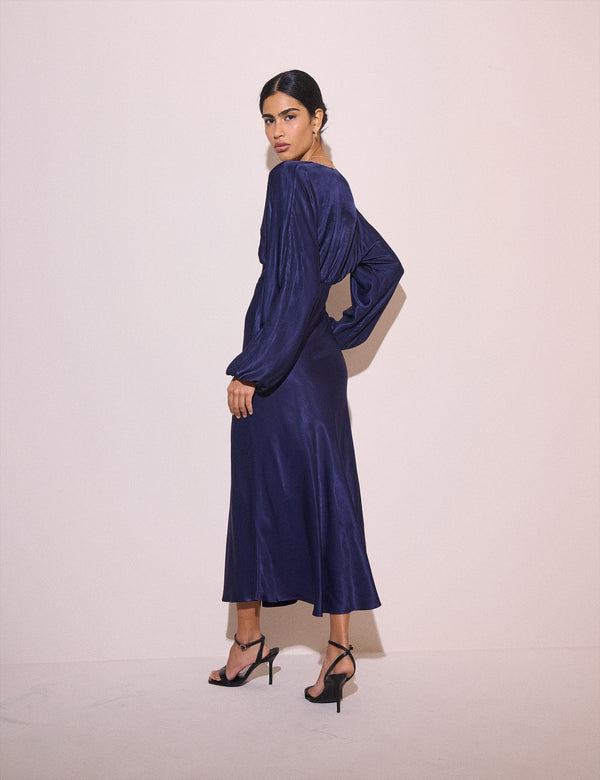 Navy Long Sleeve Satin Allura Midi Dress