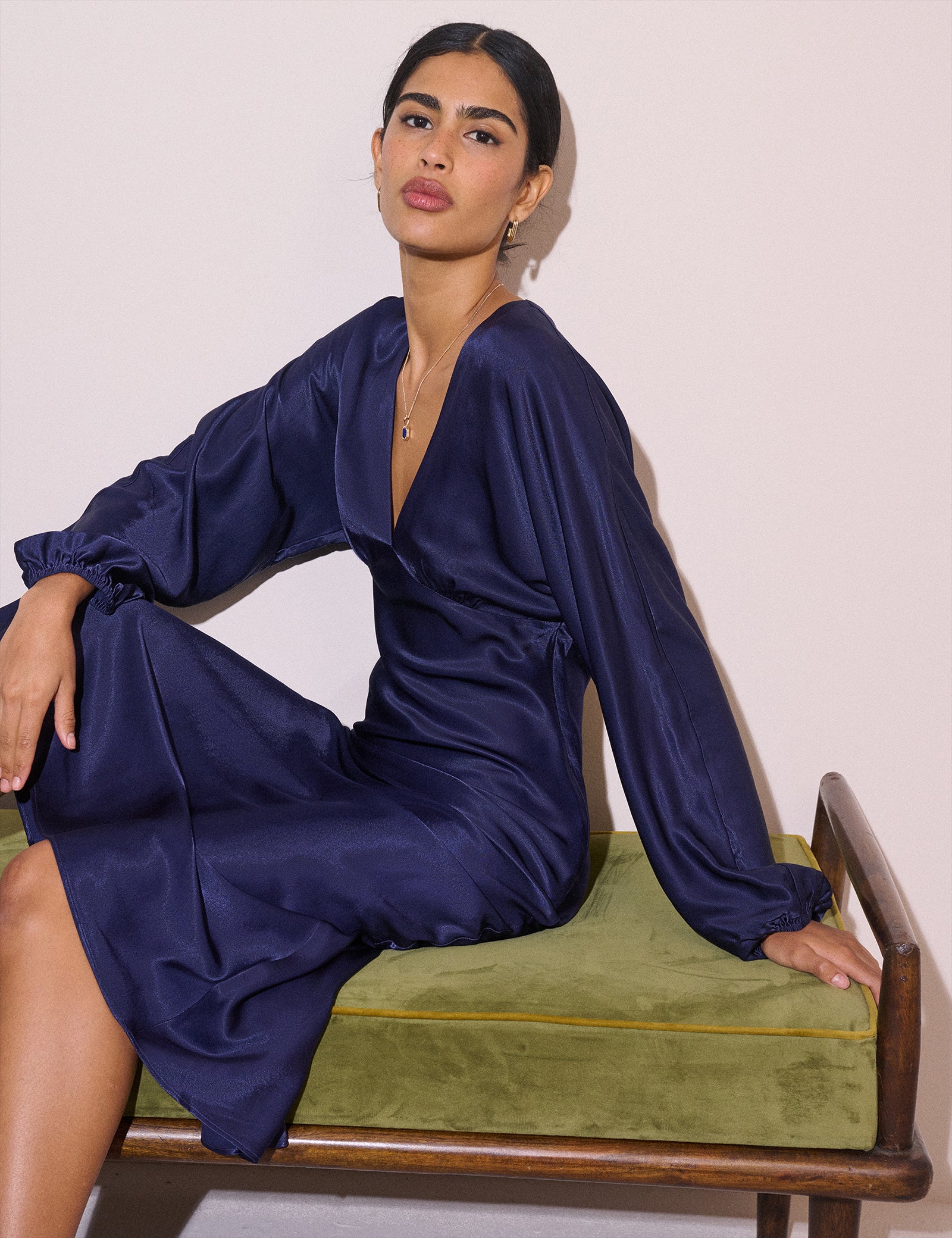 Navy satin midi dress with long sleeves