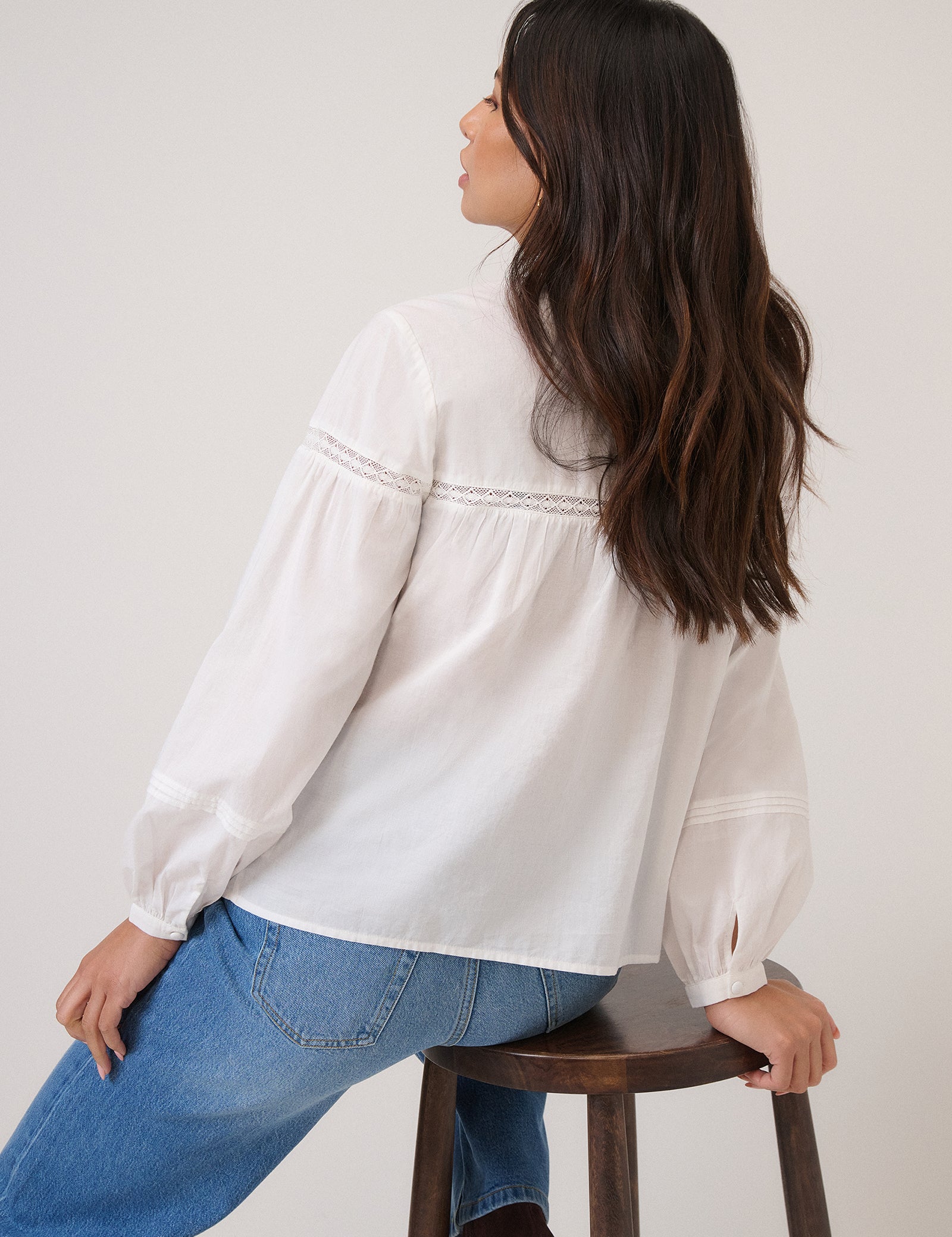 White Floral Embroidered High Neck Blouse