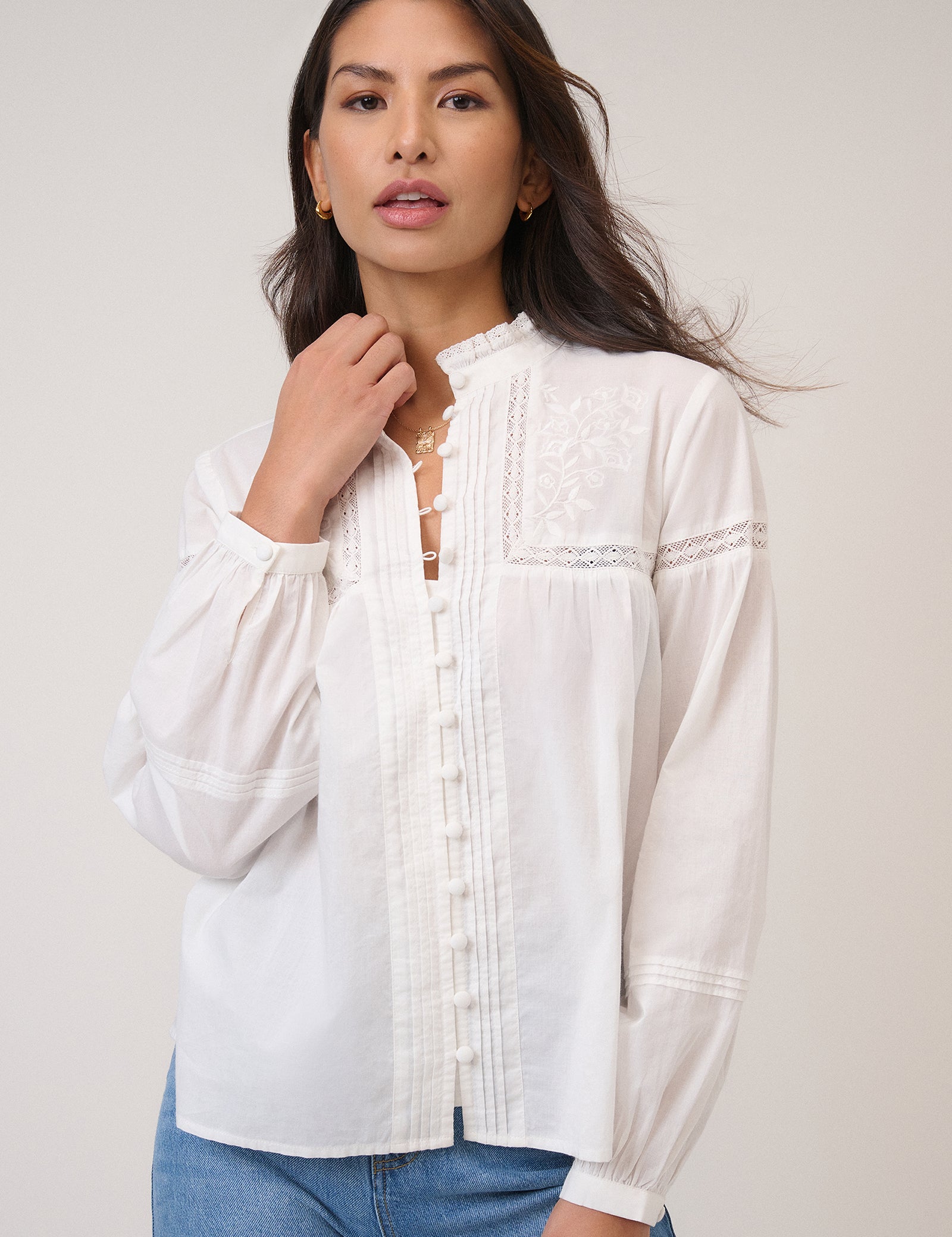 White Floral Embroidered High Neck Blouse