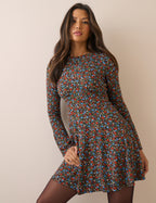 Black ditsy floral mini dress with long sleeves