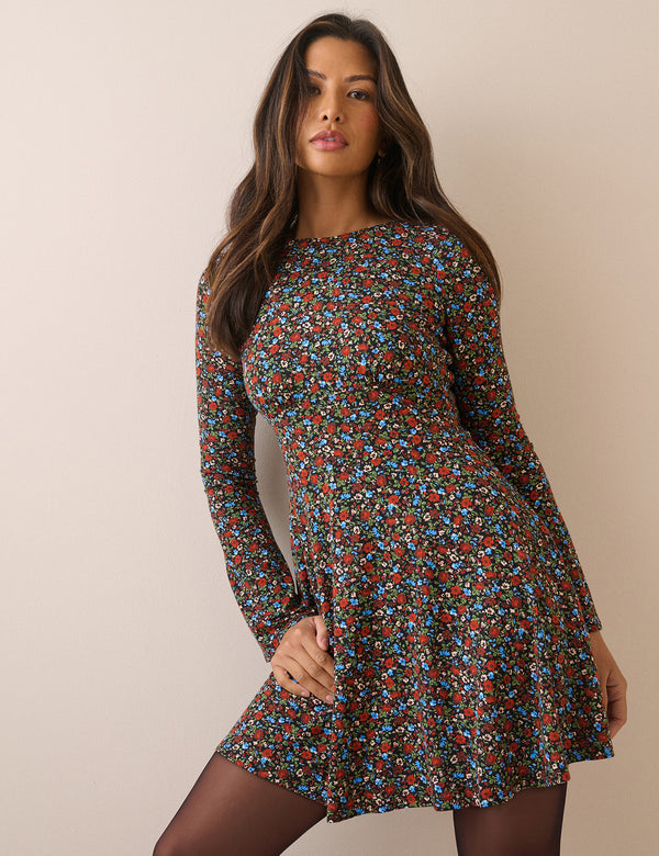 Black Ditsy Floral Jersey Tate Mini Dress