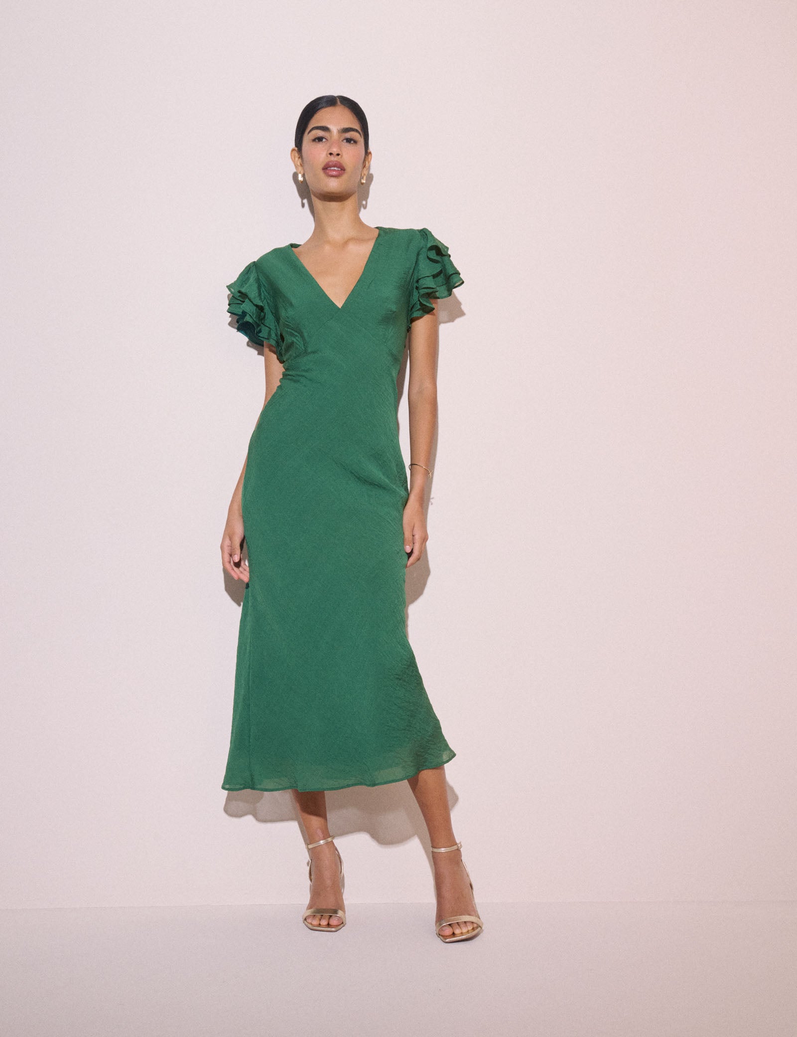 Emerald Green Frill Sleeve Layla Midi Dress