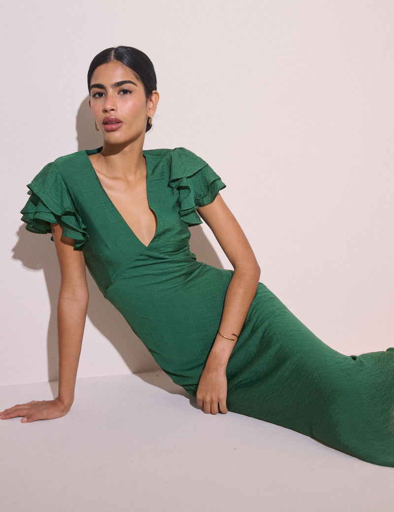 Emerald Green Frill Sleeve Layla Midi Dress