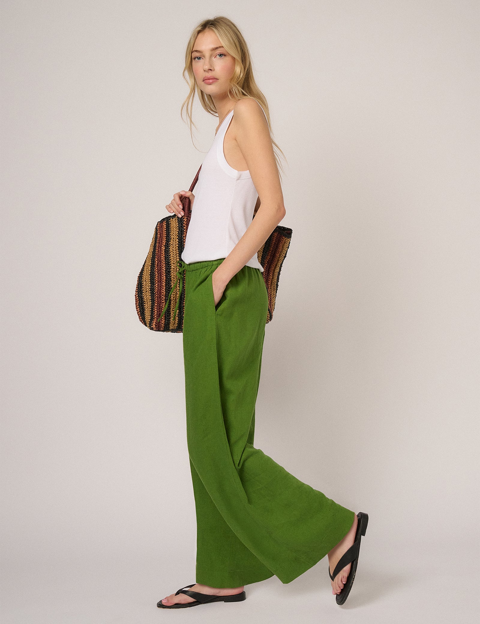 Green Linen-Blend Low Waisted Straight Leg Trousers