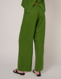 Green Linen-Blend Low Waisted Straight Leg Trousers