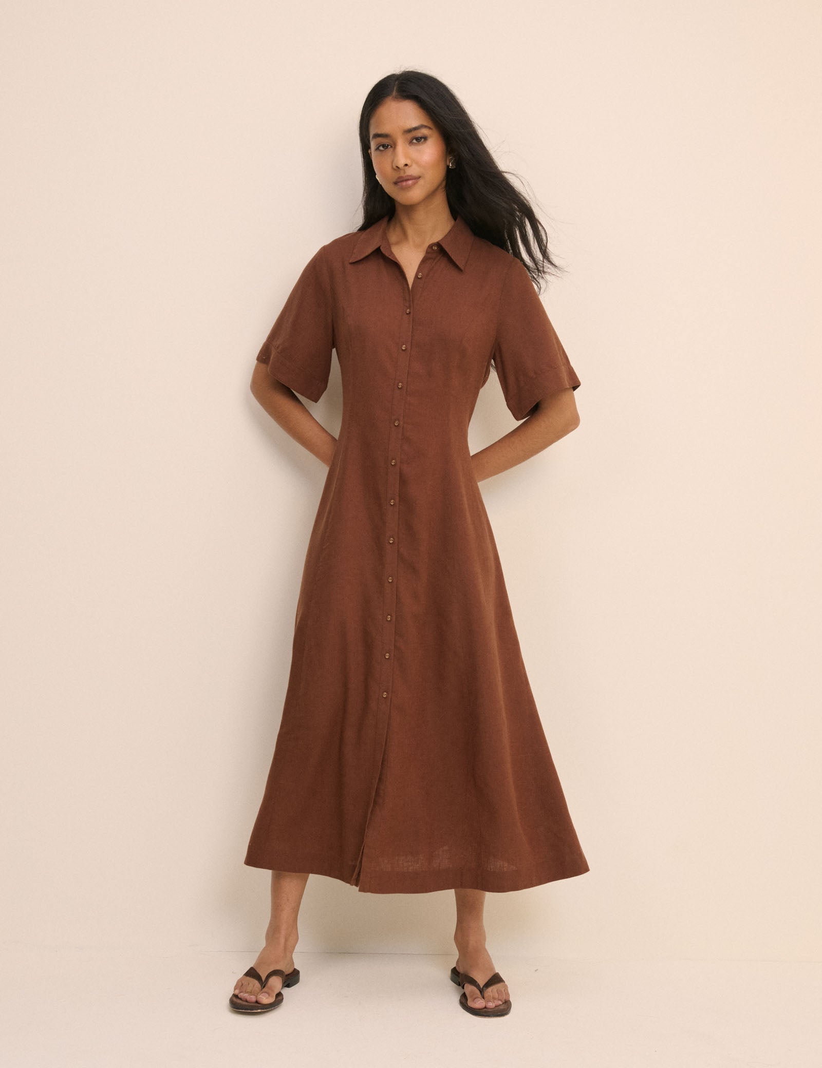 Brown Short Sleeve Linen-Blend Dillon Shirt Dress
