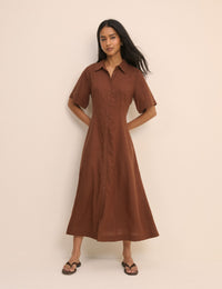 Brown Short Sleeve Linen-Blend Dillon Shirt Dress
