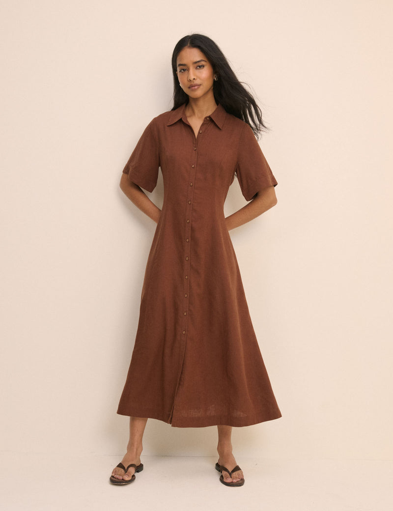 Brown Short Sleeve Linen-Blend Dillon Shirt Dress