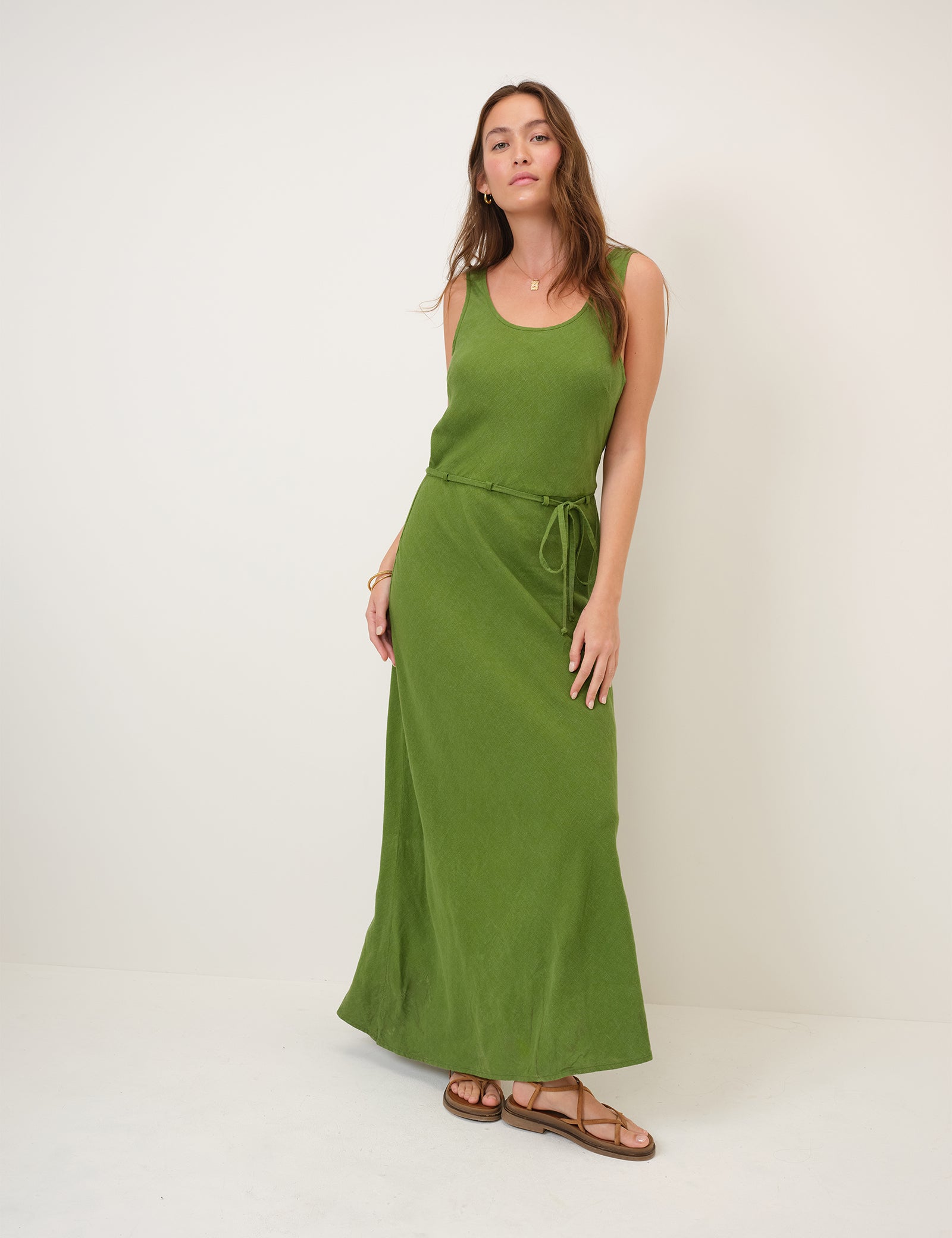 linen blend maxi dress Green Linen-Blend Malia Maxi Dress