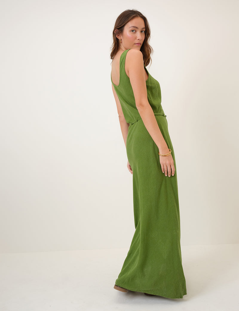 olive green linen dress Essential Long Sleeve Shirt ethically made womens linen dresses in Olive by Nomad The Label Sleeveless Tie-Style Belt Malia Midi