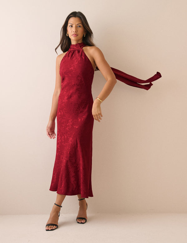 Red Floral Satin Fifi Maxi Dress