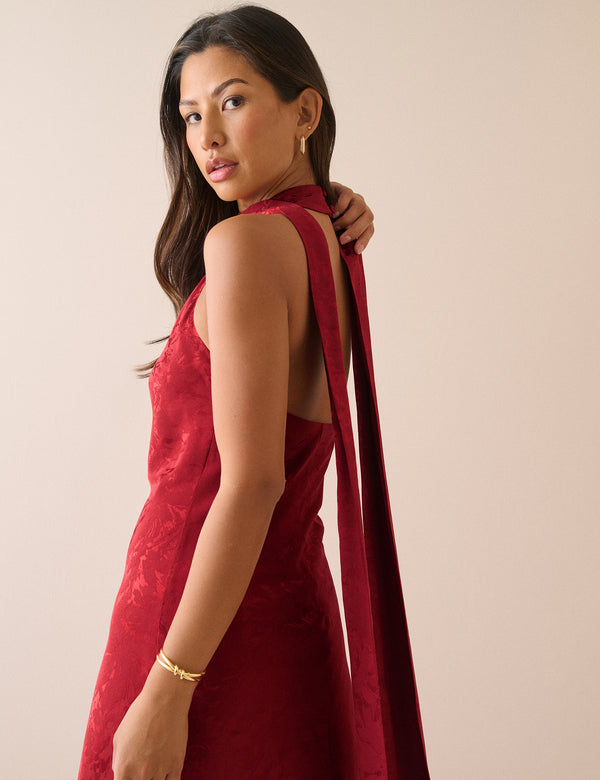 Red Floral Satin Fifi Maxi Dress