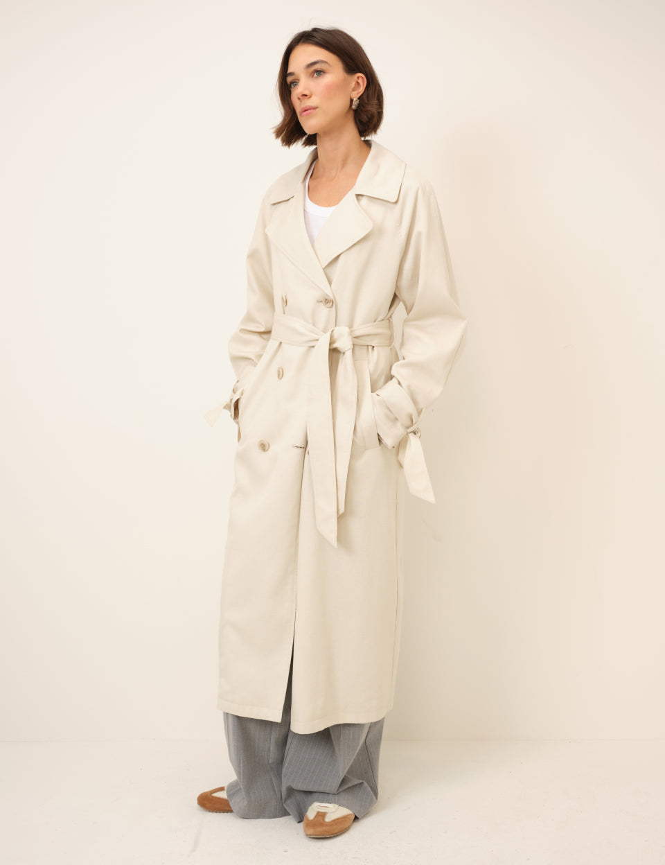 Cream Double-Breasted Lightweight Trench Coat