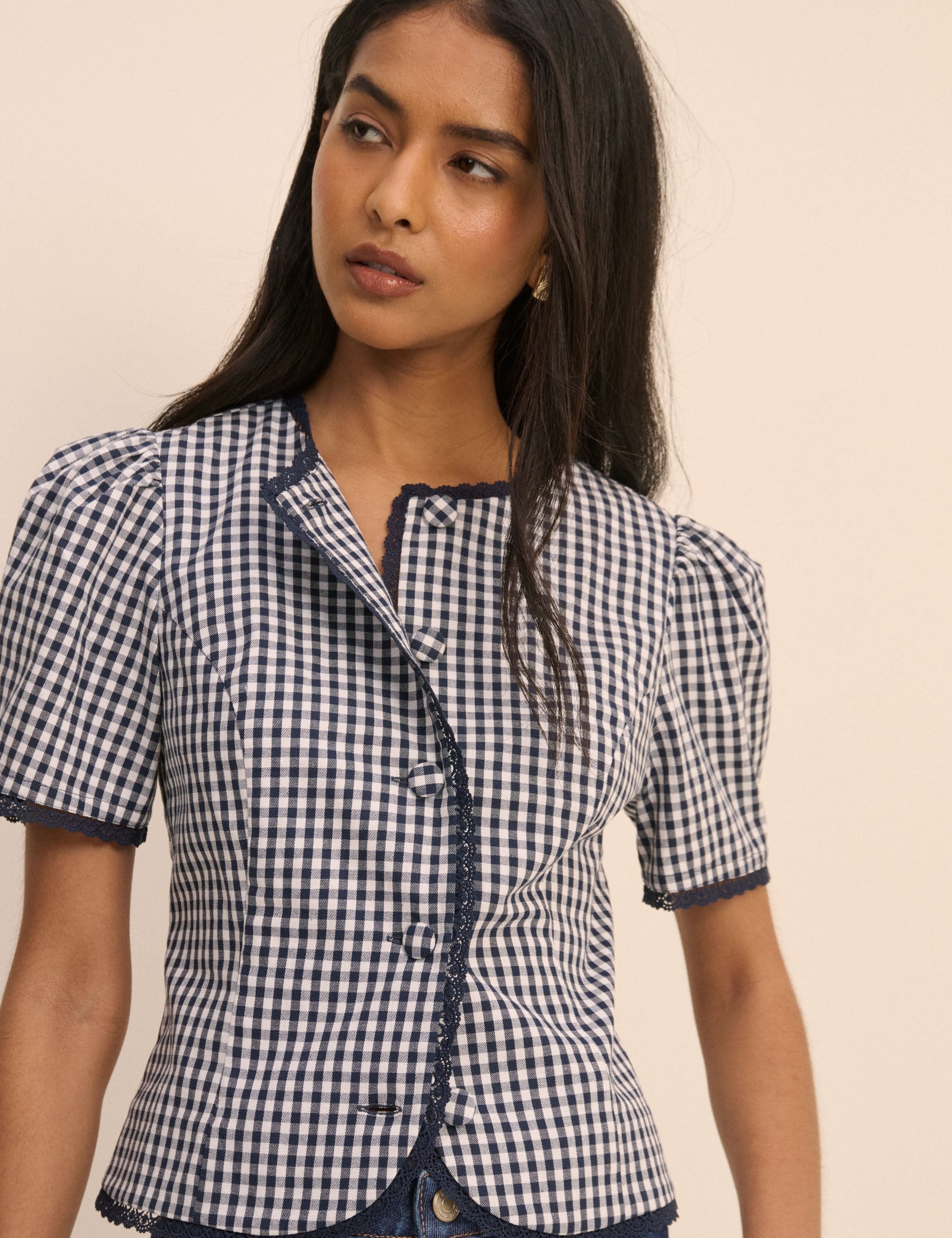 Navy Gingham Puff Sleeve Top