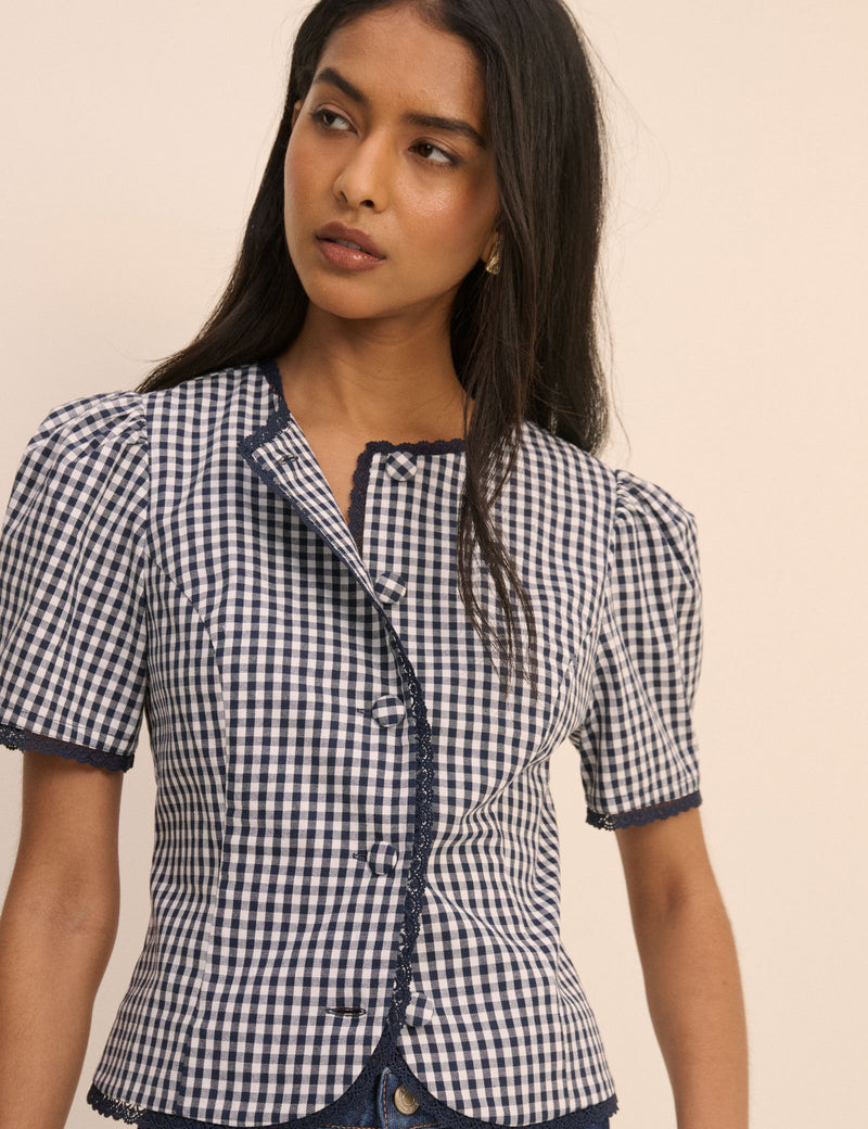 Navy Gingham Puff Sleeve Top