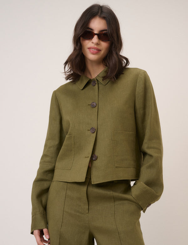 Khaki Linen-Blend Boxy Jacket