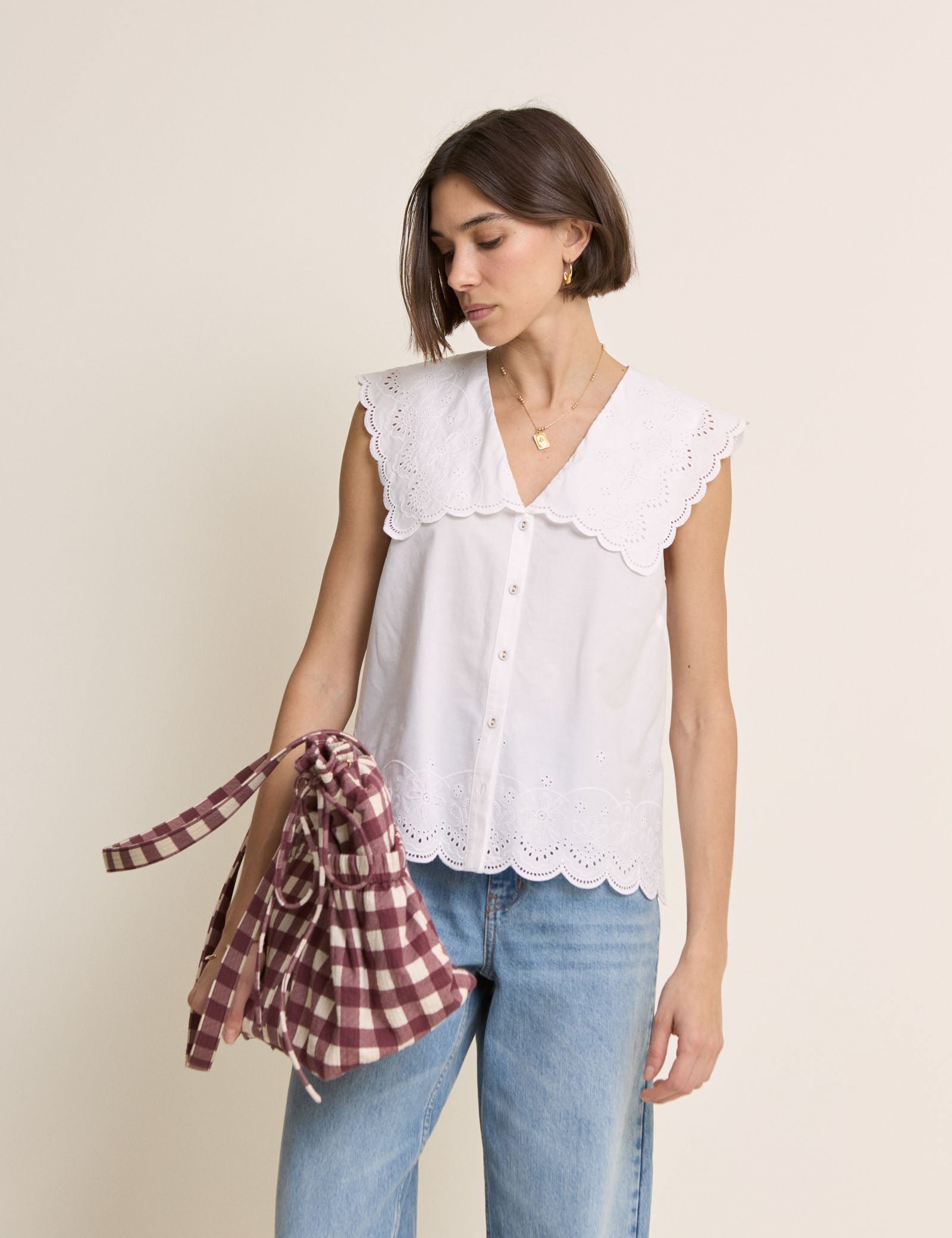 White Broderie Anglaise Collared Blouse