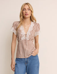 Brown Gingham Lace Trim Maeve Top
