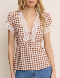 Brown Gingham Lace Trim Maeve Top
