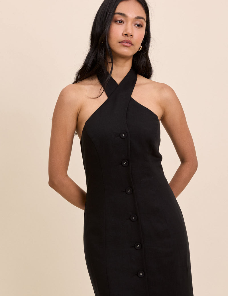 Black Wrap Neck Tailored Midi Dress