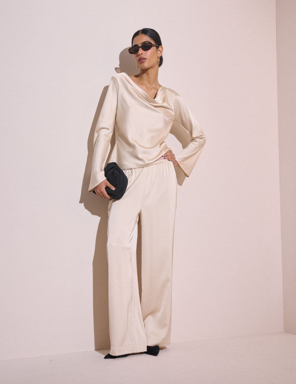 Cream Satin Wide Leg Lyra Trousers