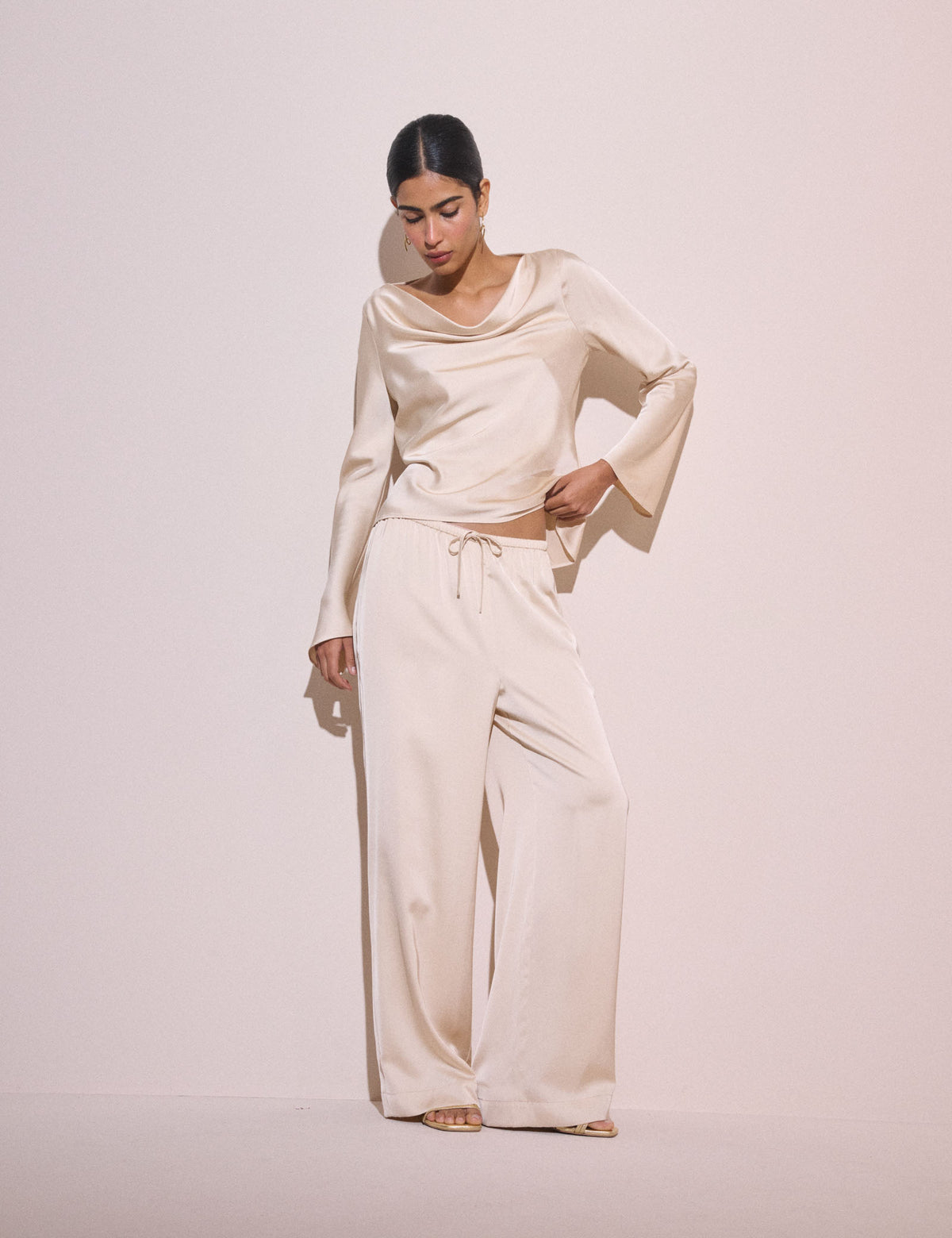Cream Satin Wide Leg Lyra Trousers