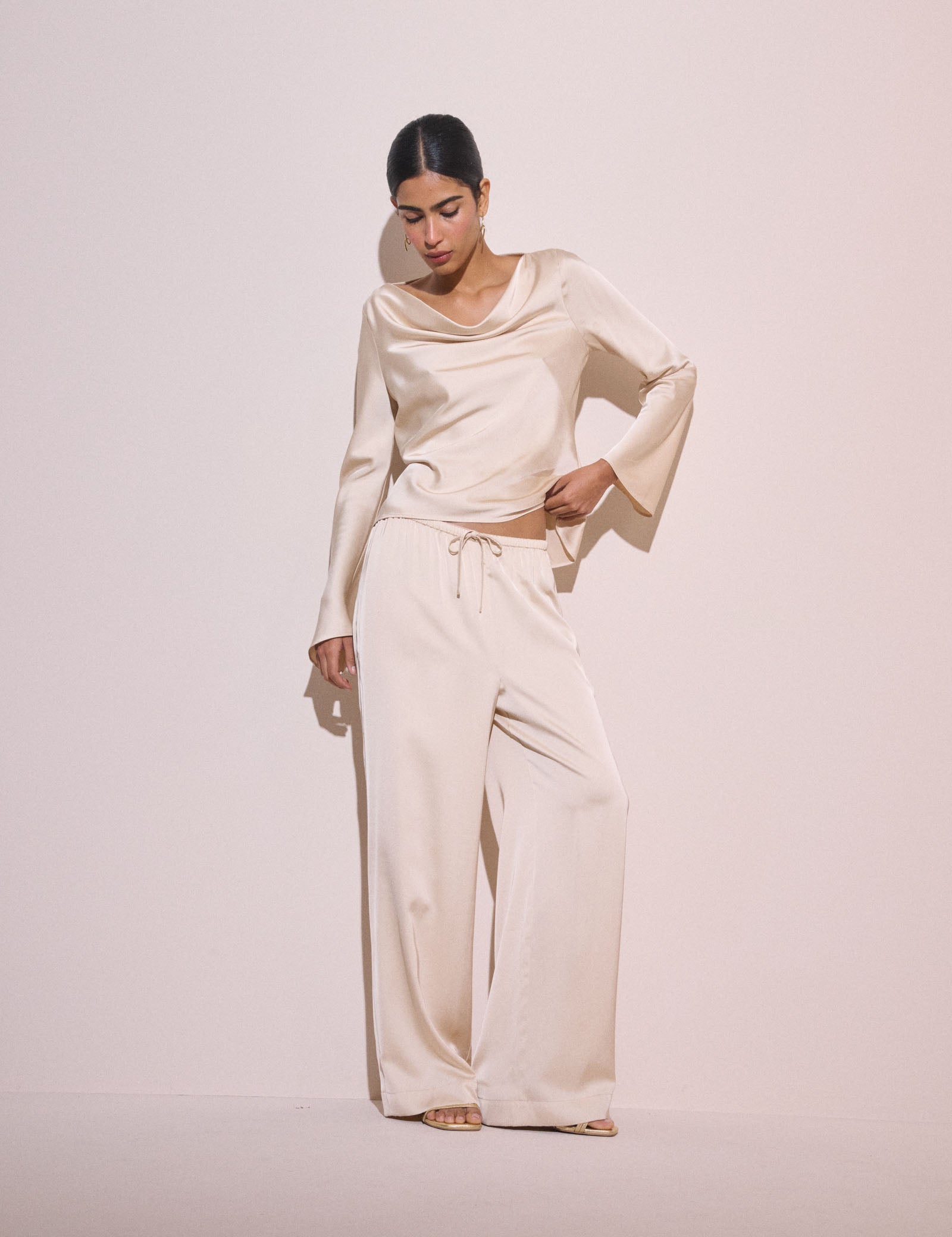 Cream Satin Wide Leg Lyra Trousers