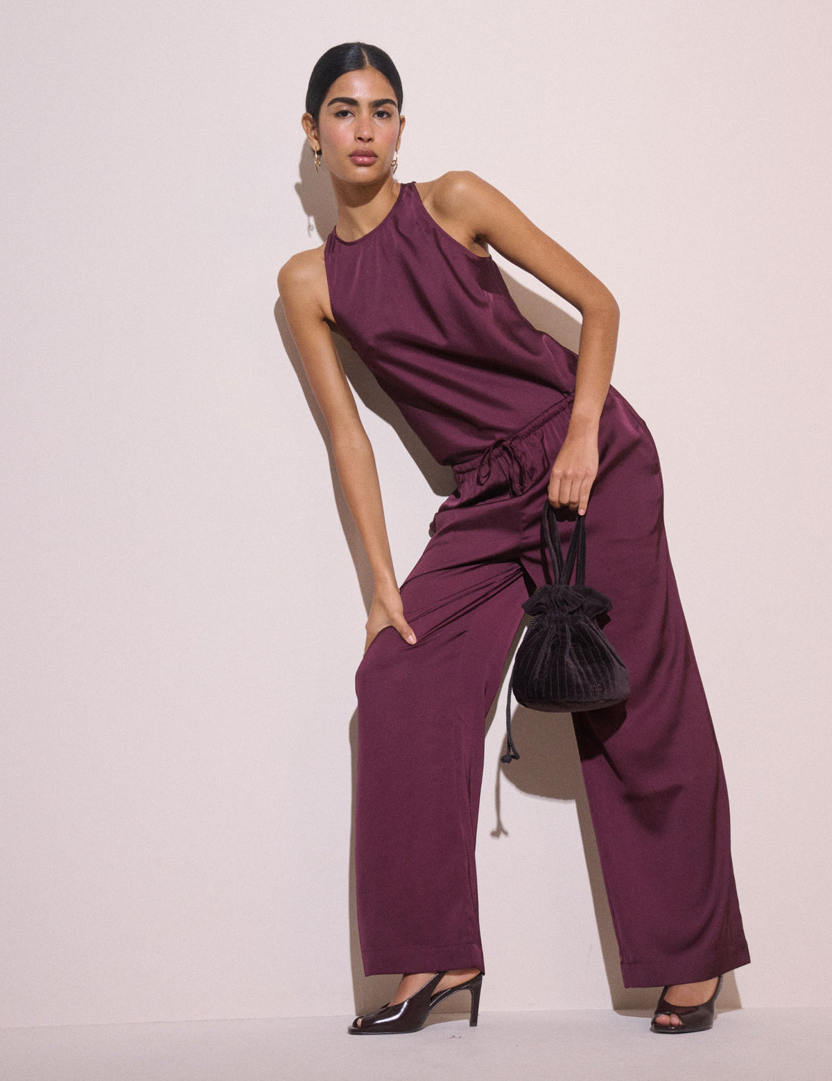 Plum Satin Wide Leg Lyra Trousers