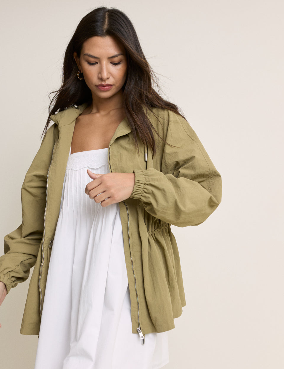 Khaki Drawcord Waist Hooded Parka
