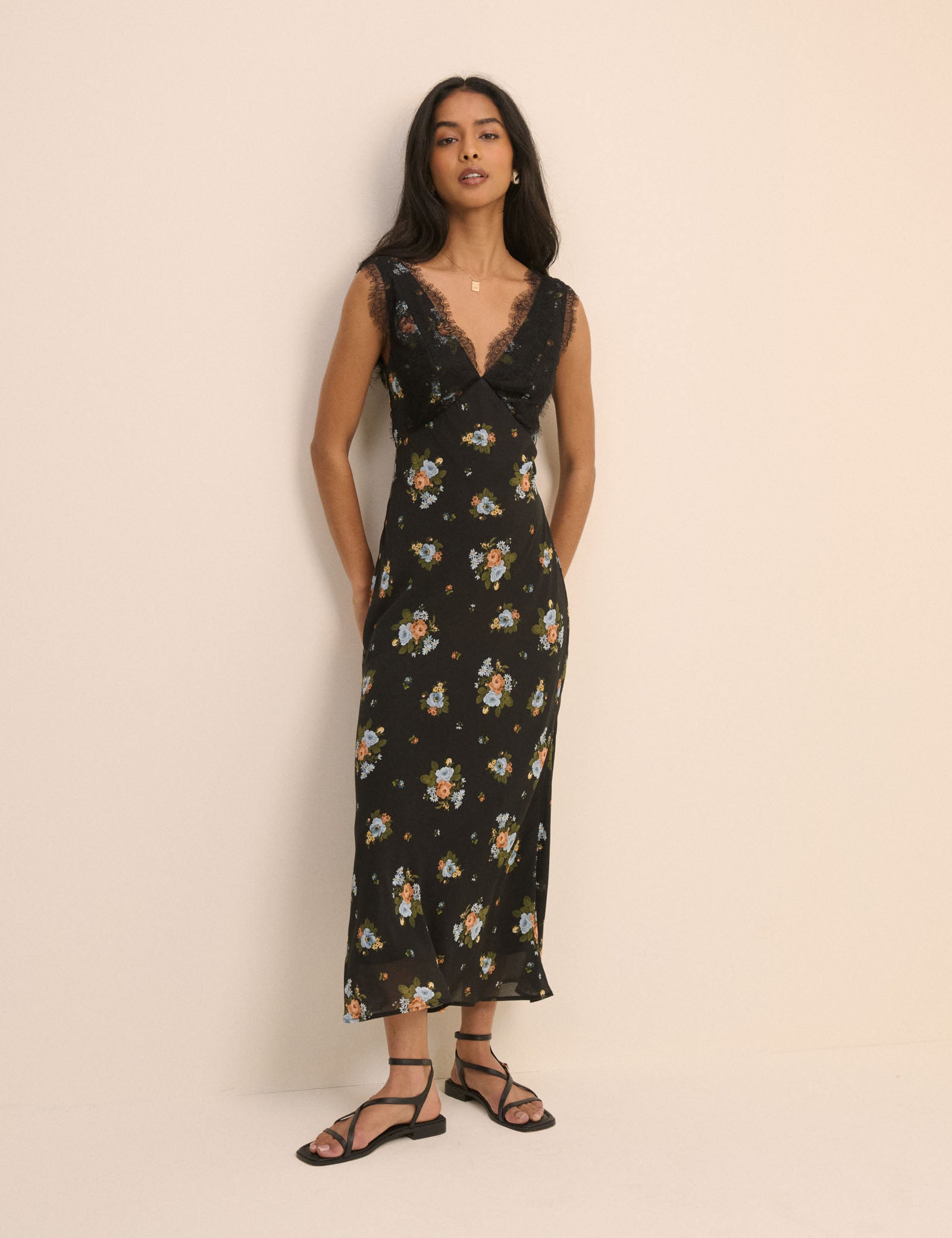 Black Floral Lace Trim Indy Midi Dress