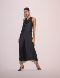 Black Satin Eton Midi Skirt