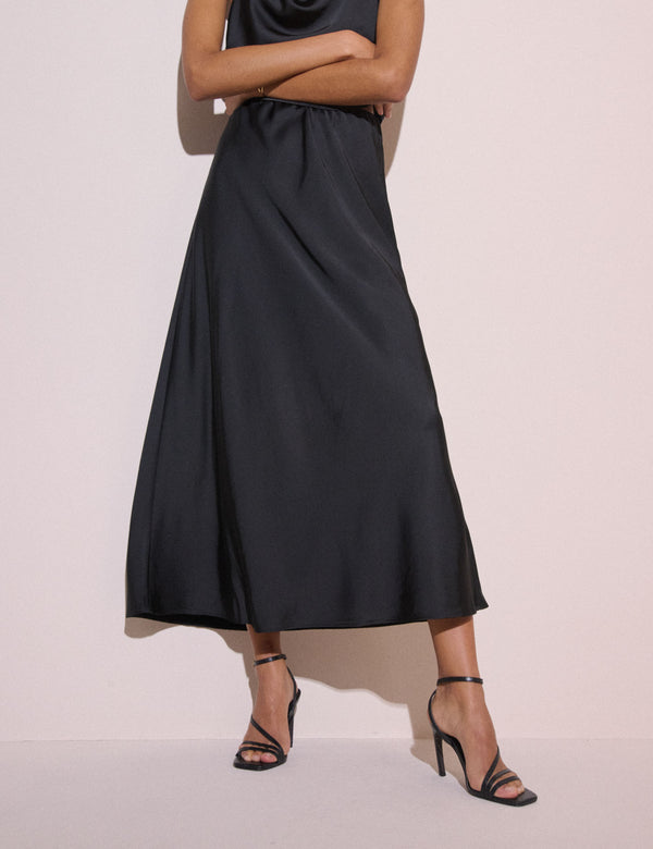 Black Satin Eton Midi Skirt