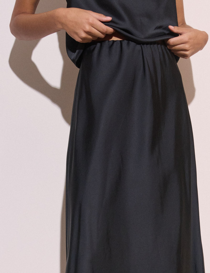 Black Satin Eton Midi Skirt
