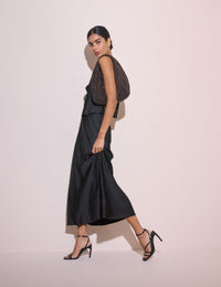 Black Satin Eton Midi Skirt