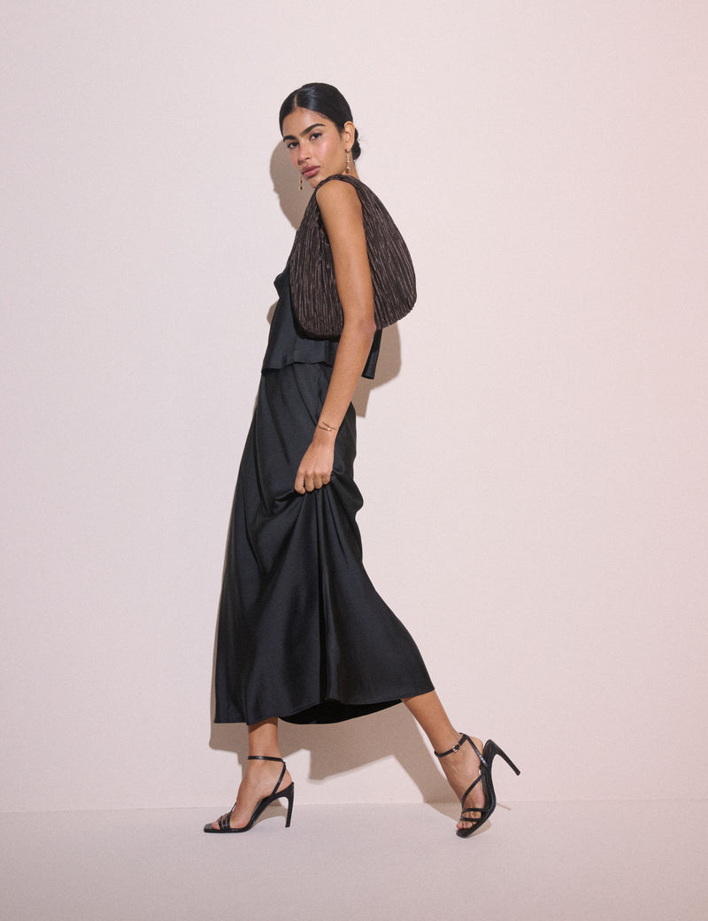 Black Satin Eton Midi Skirt