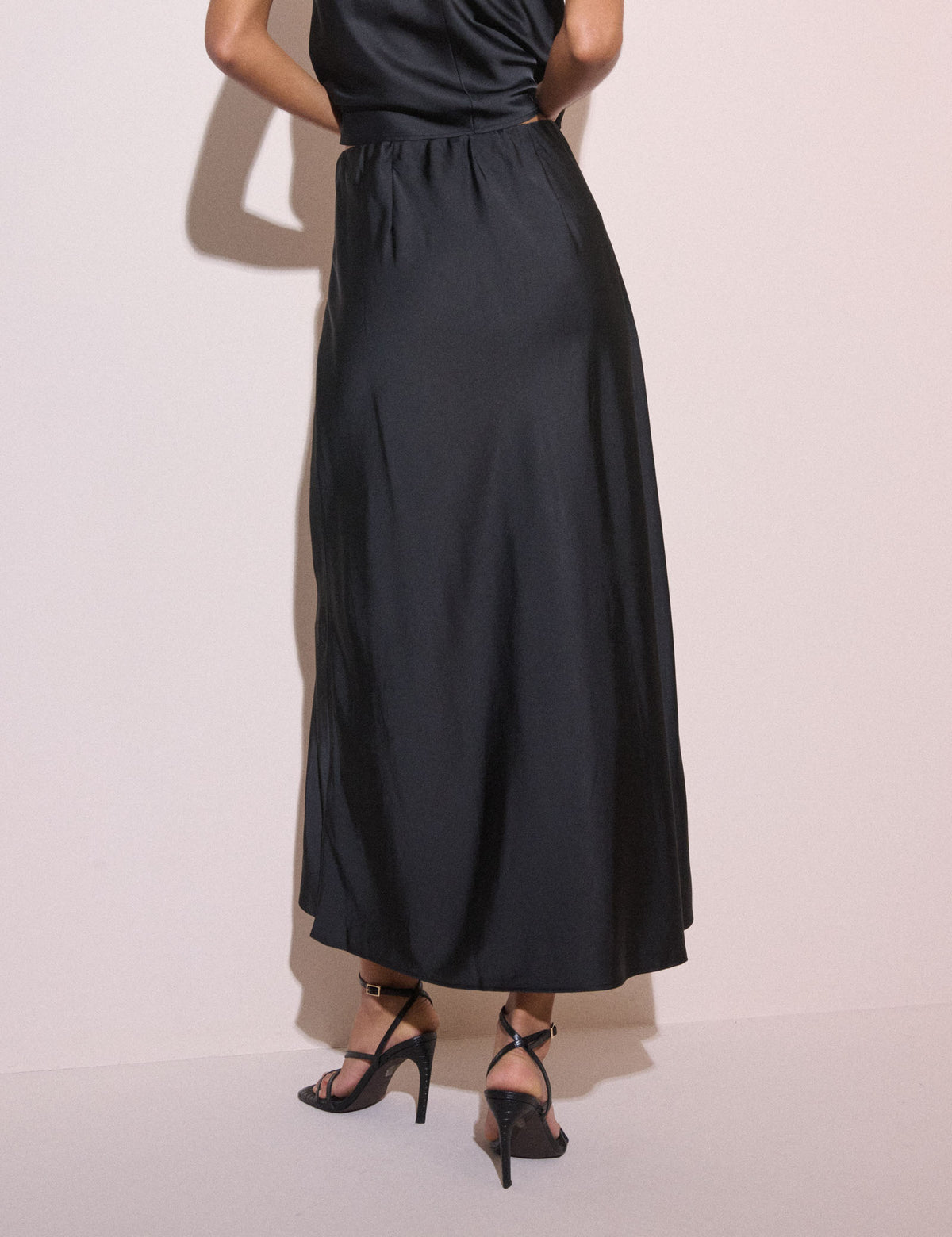Black Satin Eton Midi Skirt