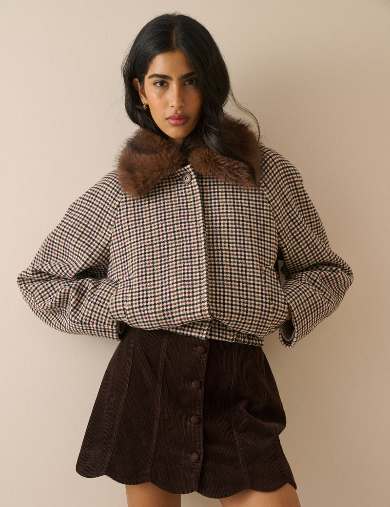 Heritage Check Faux Fur Collar Bomber Jacket