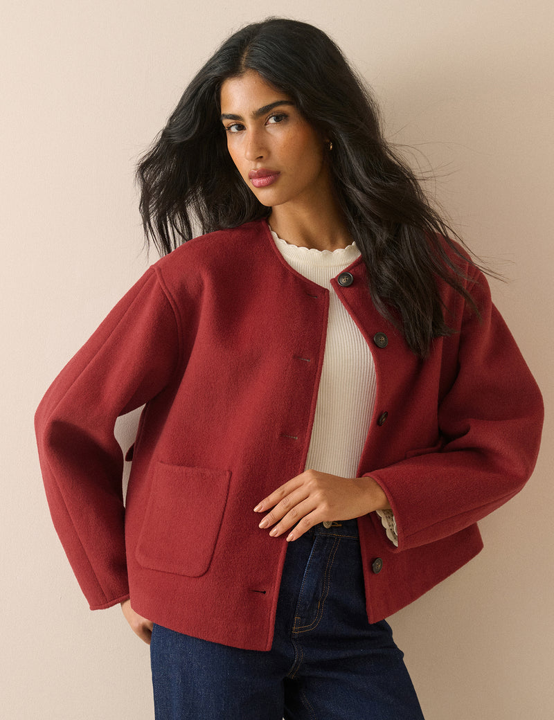 Red wool-blend jacket with button front