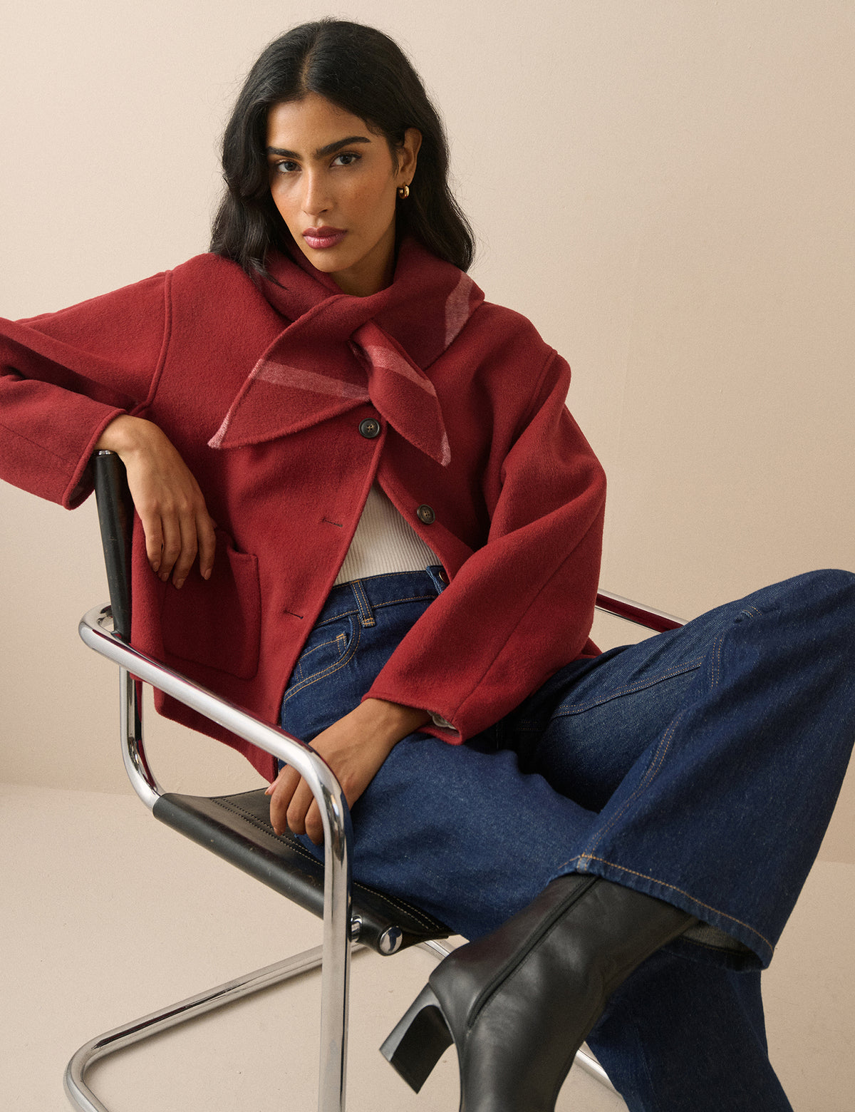 Red wool-blend jacket with neck tie detail