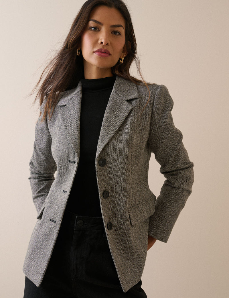 Grey Herringbone Cinched Blazer